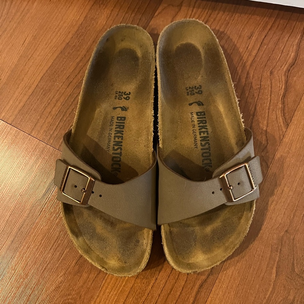 Birkenstock Single Strap Slide Sandals in Taupe Brown